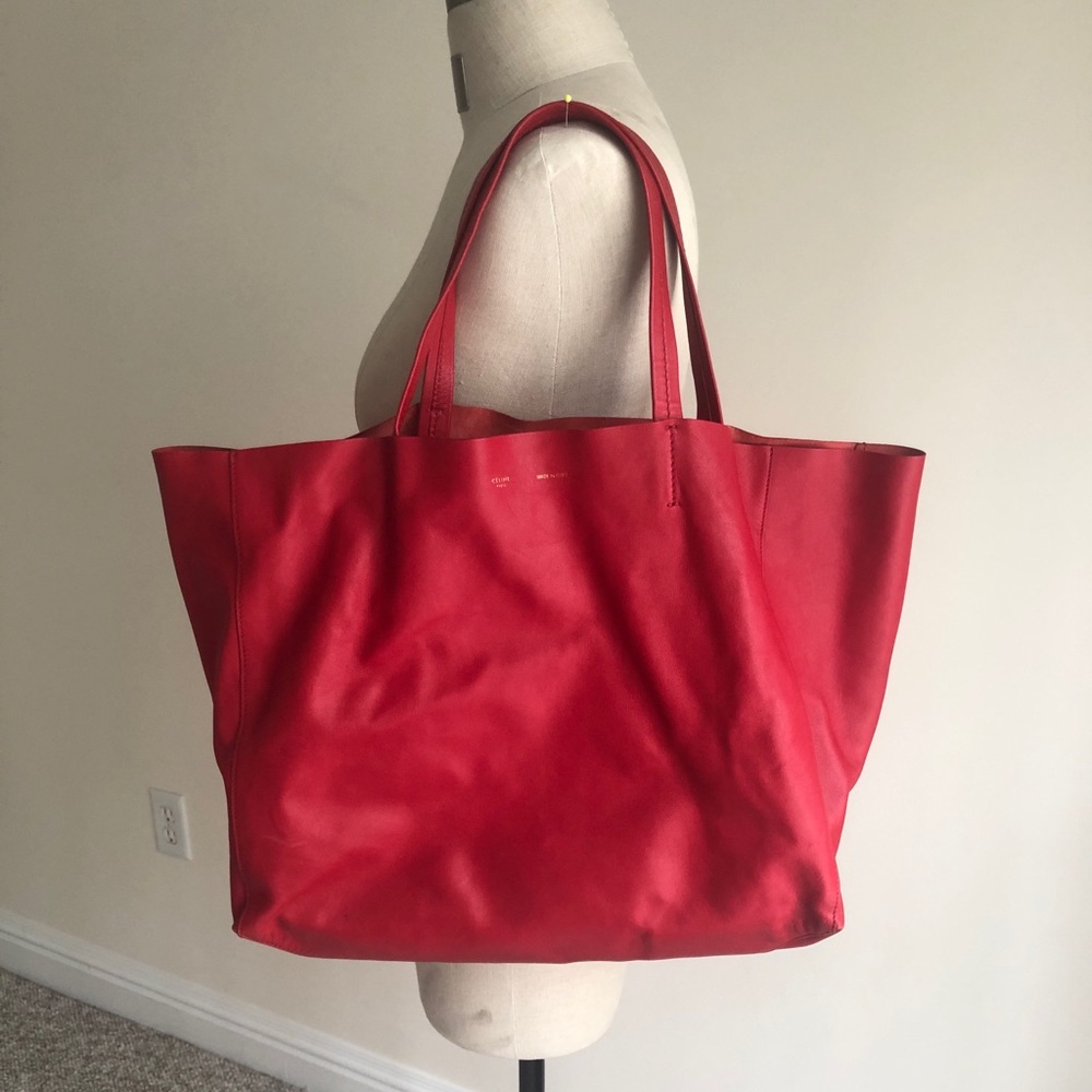 Authentic Celine Horizontal Cabas Leather Tote Red